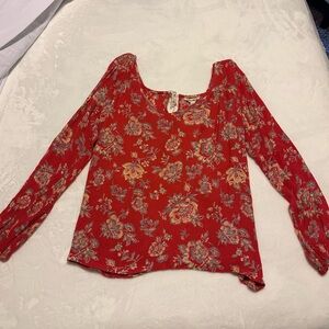 Billabong Red Floral Blouse Sz L. Tie in back.